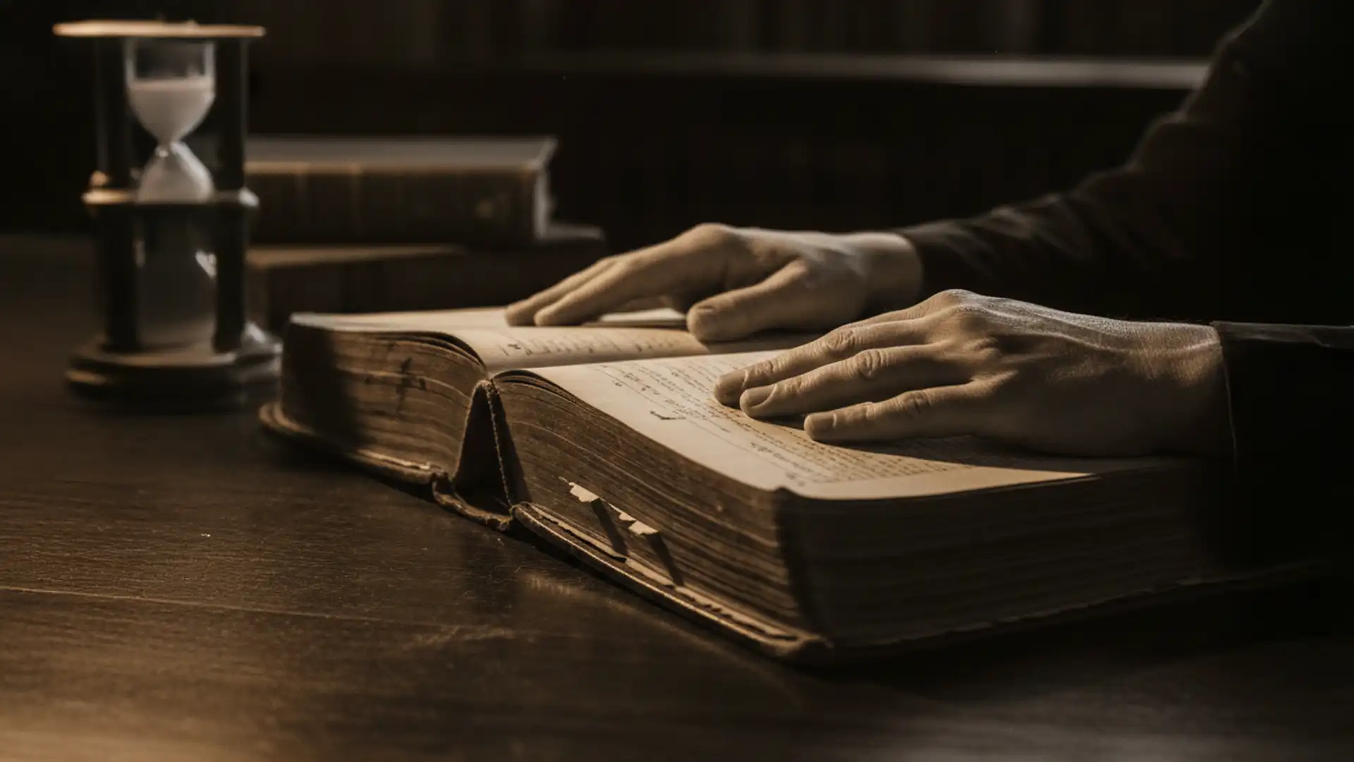 Hands resting on historic ledger in candlelight